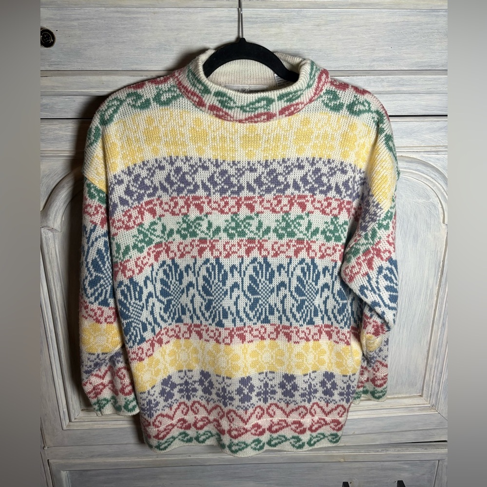 Vintage Rainbow Floral Striped Mockneck Chunky Grandma Sweater Cottagecore Cozy